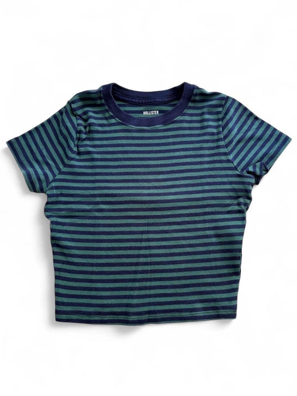 Hollister Green & Navy Striped Cropped Tee – Size M